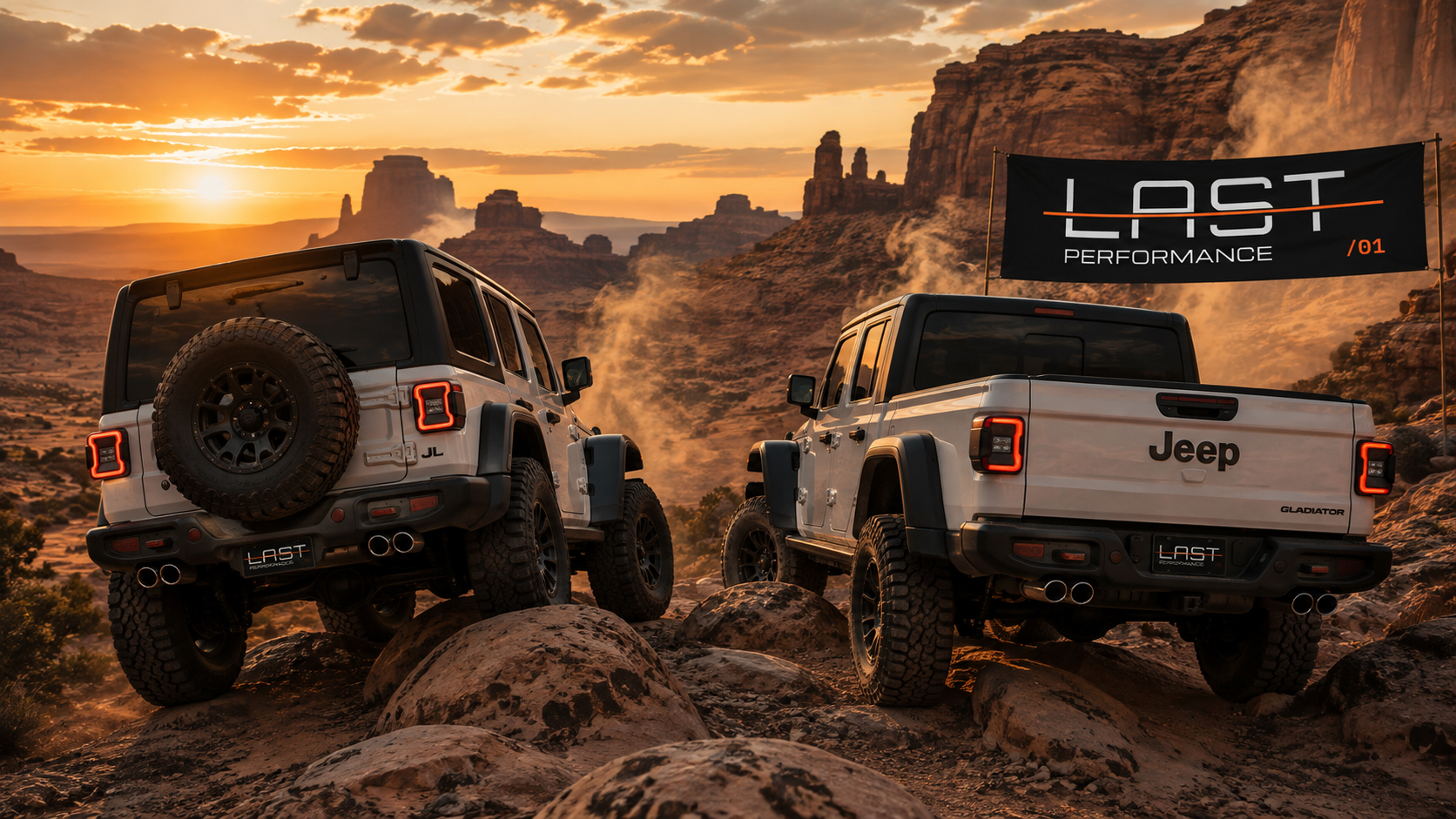 Last Performance equipped Jeep Wrangler and Gladiator on desert rock